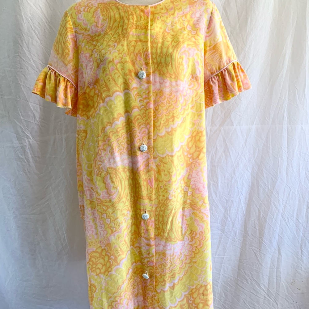Vintage 1960s Yellow Pink Psychedelic Shift Dress Ruffle Sleeve Button Front